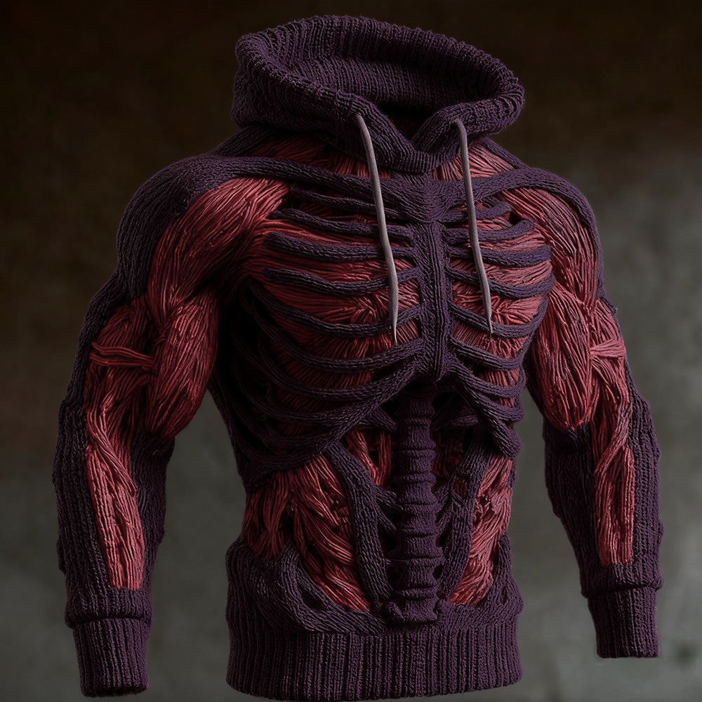 Herren-Halloween-Strickhoodie mit 3D-Skelett-Design, Langarm