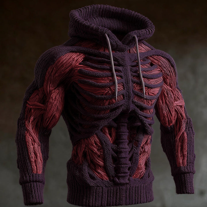 Herren-Halloween-Strickhoodie mit 3D-Skelett-Design, Langarm