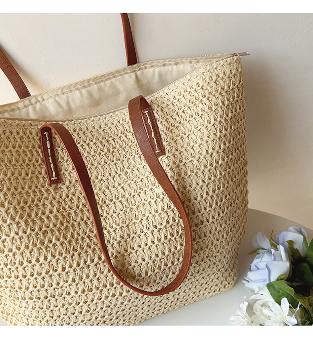 Geflochtene Korbtasche mit Ledergriffen – SummerBreeze Tasche