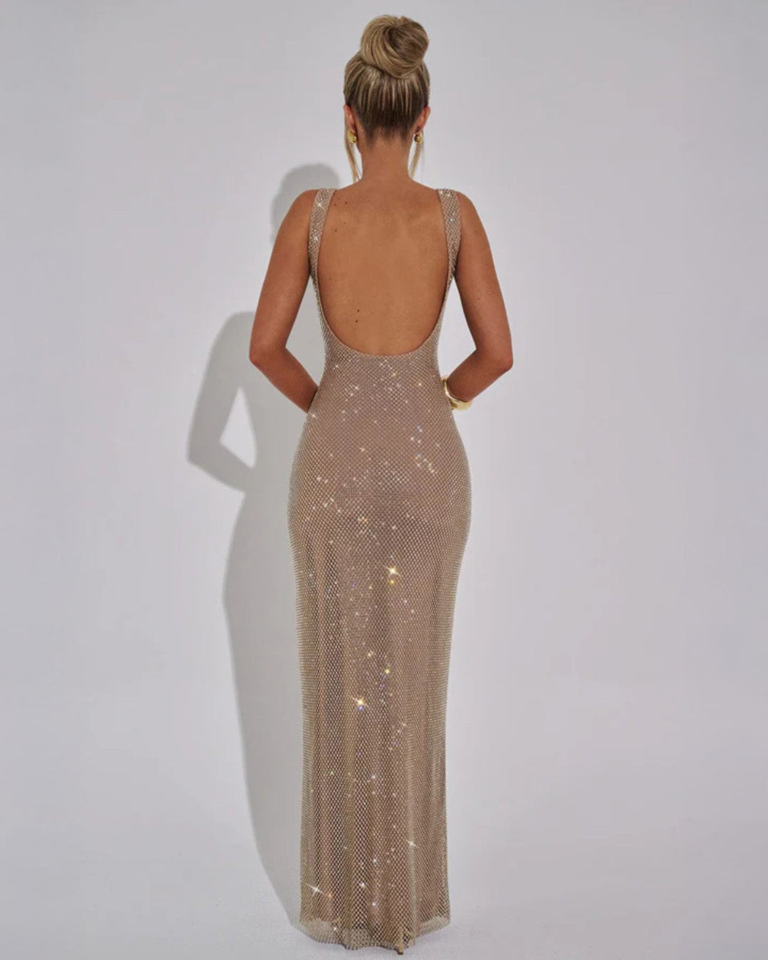 Strass-Maxikleid mit quadratischem Ausschnitt – figurbetontes Abendkleid