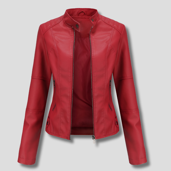 Taillierte rote Leder-Motorradjacke für Damen
