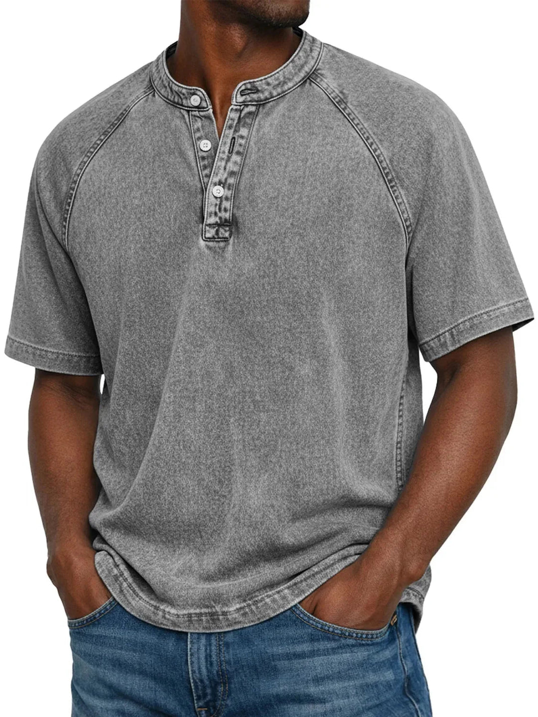 Kurzärmeliges Freizeit-T-Shirt für Herren mit Raglanärmeln im gewaschenen Henley-Stil
