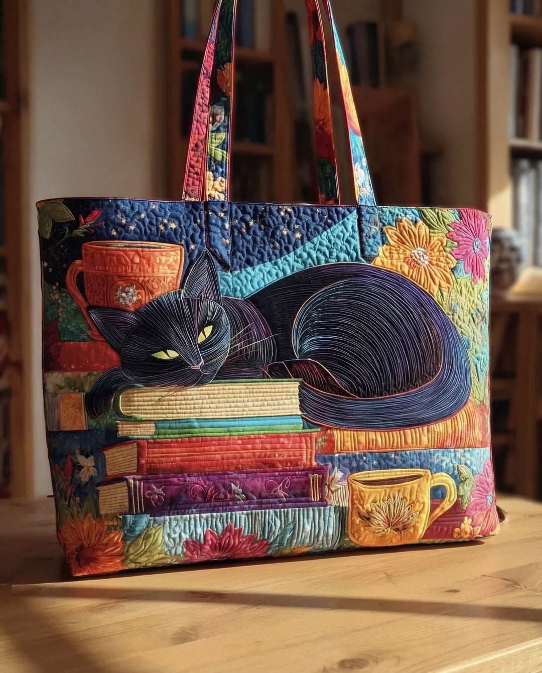 Gesteppte Tragetasche „Schwarze Katze mit Büchern und Teetassen"