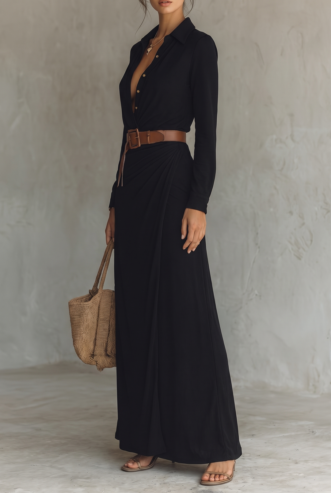 Damen-Maxikleid mit Reverskragen, einreihig, mit Gürtel und langen Ärmeln