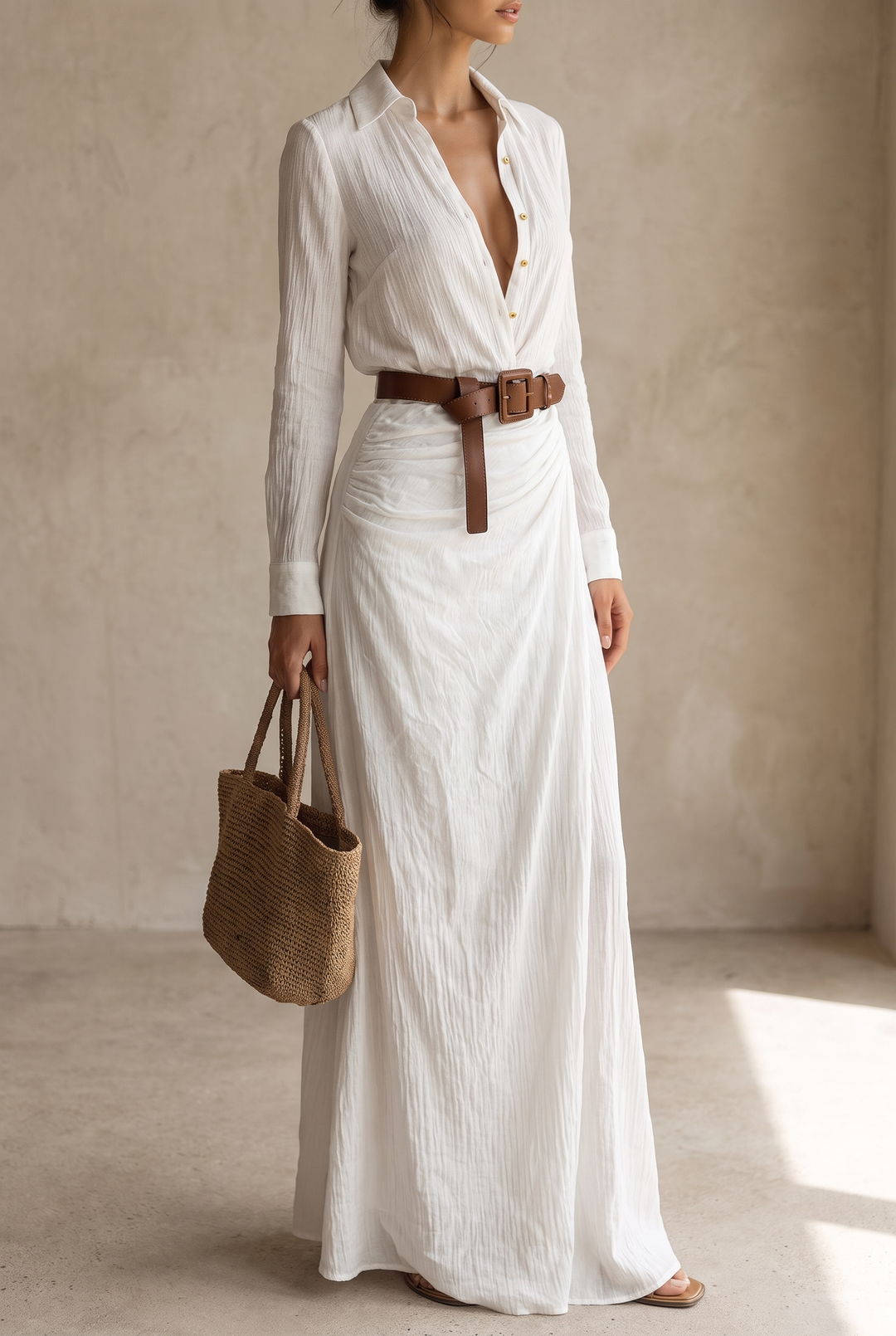 Damen-Maxikleid mit Reverskragen, einreihig, mit Gürtel und langen Ärmeln