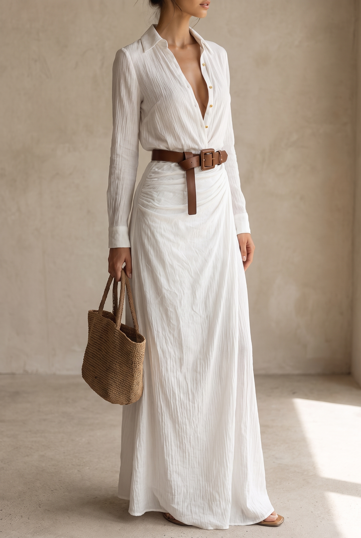 Damen-Maxikleid mit Reverskragen, einreihig, mit Gürtel und langen Ärmeln