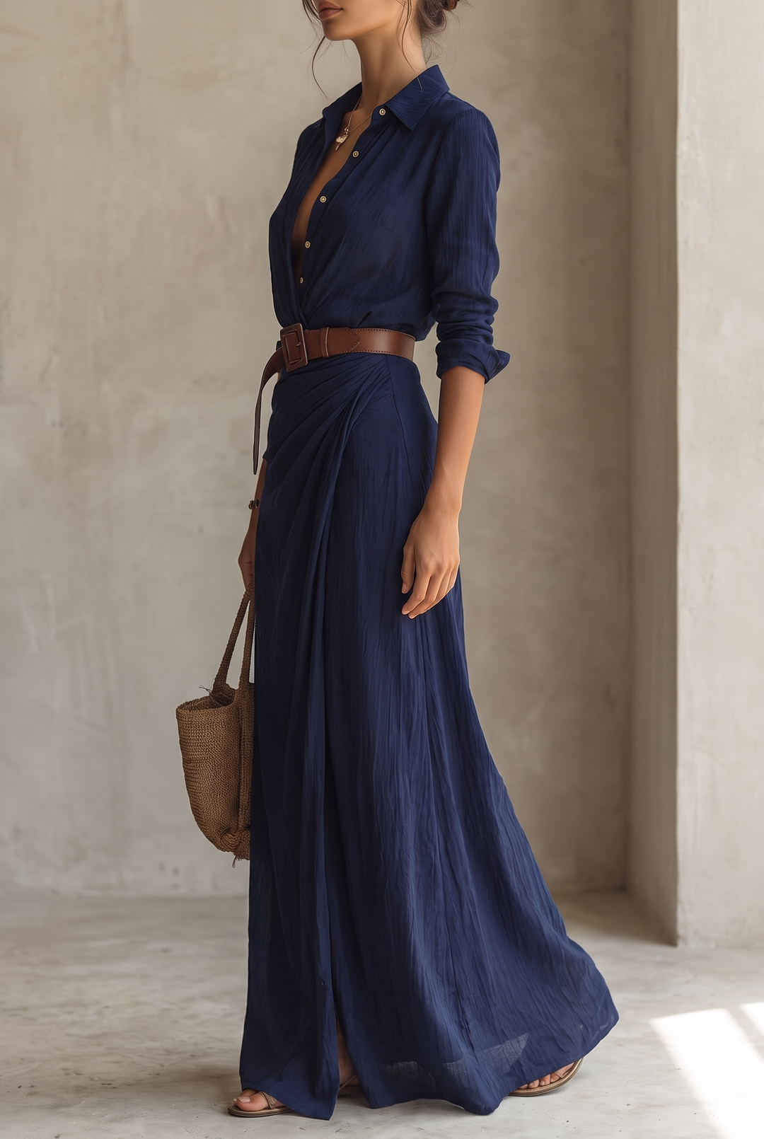 Damen-Maxikleid mit Reverskragen, einreihig, mit Gürtel und langen Ärmeln