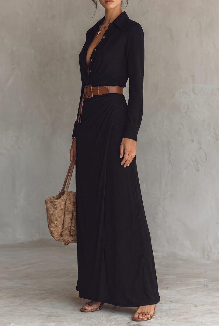Damen-Maxikleid mit Reverskragen, einreihig, mit Gürtel und langen Ärmeln
