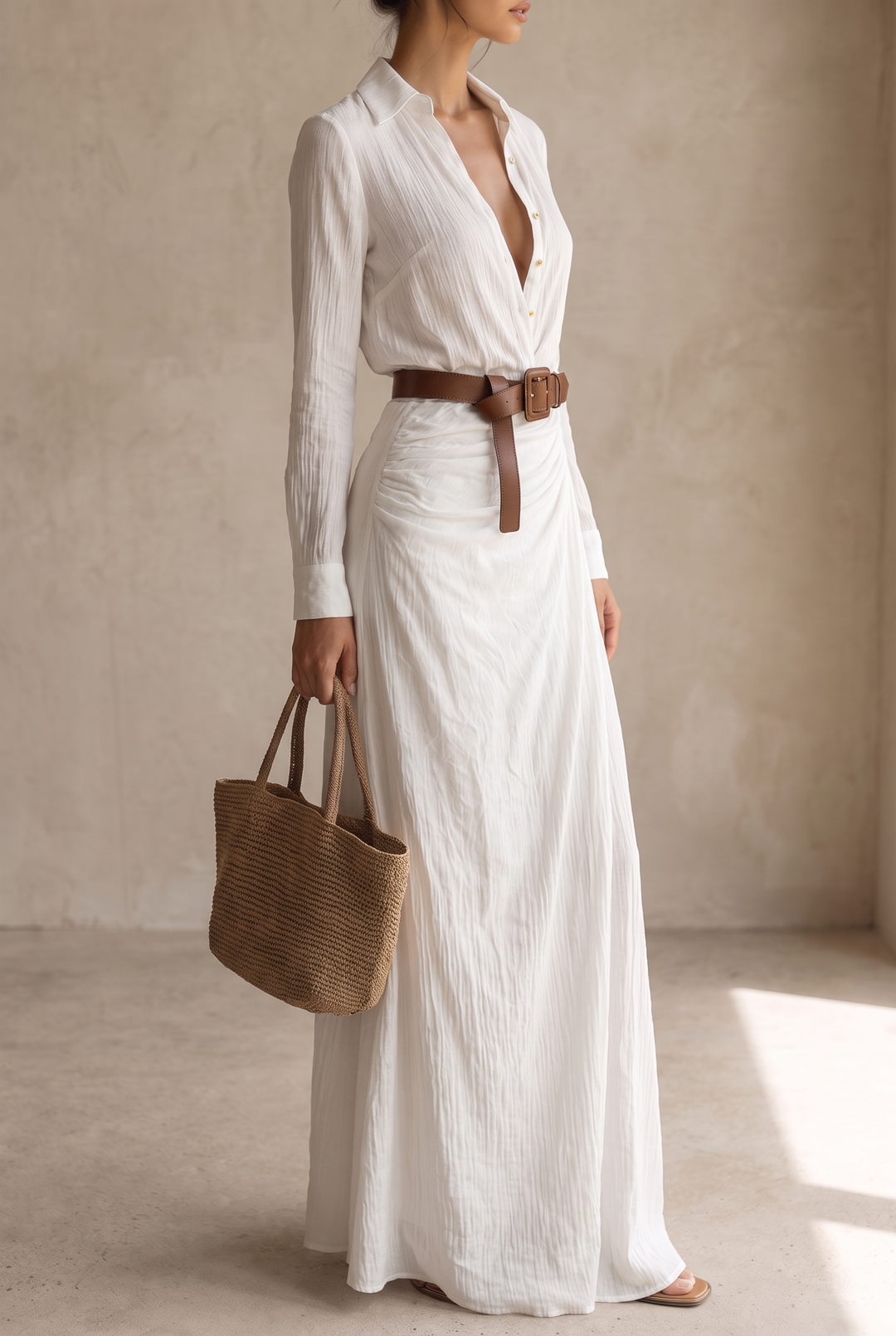 Damen-Maxikleid mit Reverskragen, einreihig, mit Gürtel und langen Ärmeln