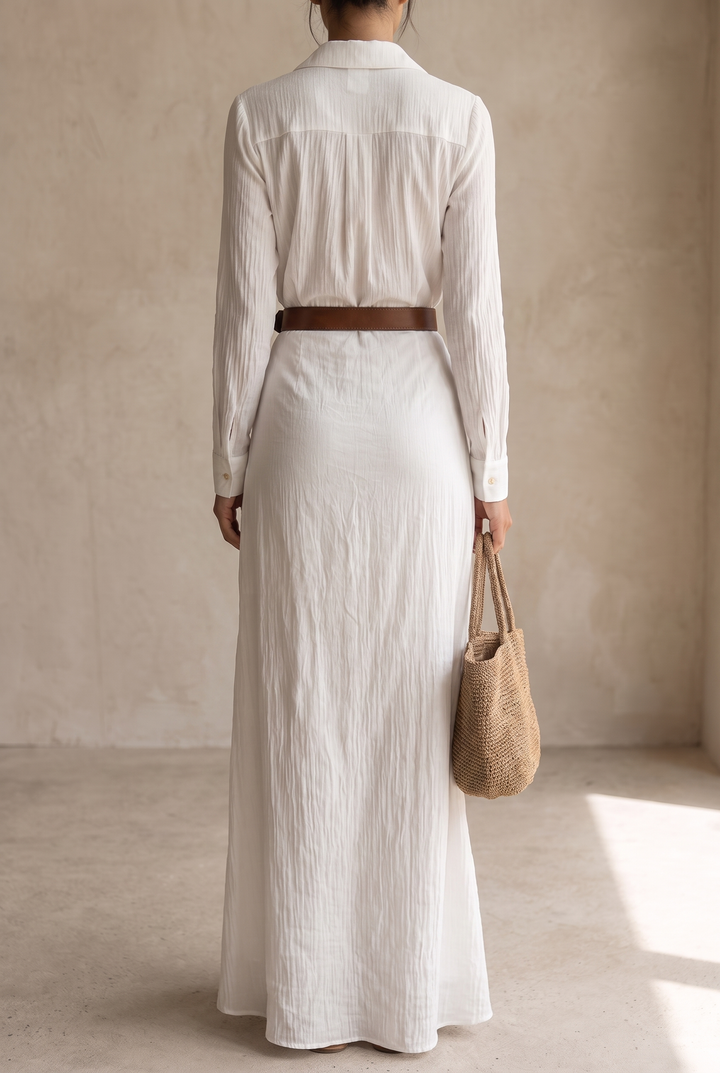 Damen-Maxikleid mit Reverskragen, einreihig, mit Gürtel und langen Ärmeln