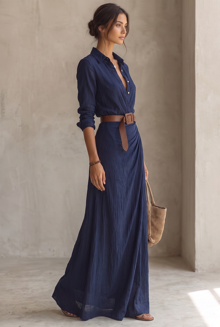 Damen-Maxikleid mit Reverskragen, einreihig, mit Gürtel und langen Ärmeln