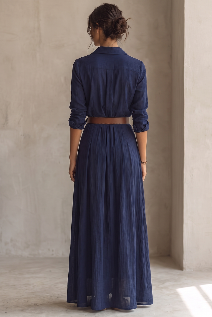 Damen-Maxikleid mit Reverskragen, einreihig, mit Gürtel und langen Ärmeln