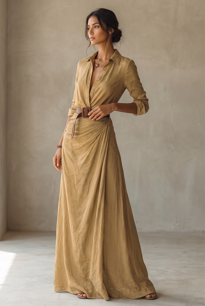 Damen-Maxikleid mit Reverskragen, einreihig, mit Gürtel und langen Ärmeln