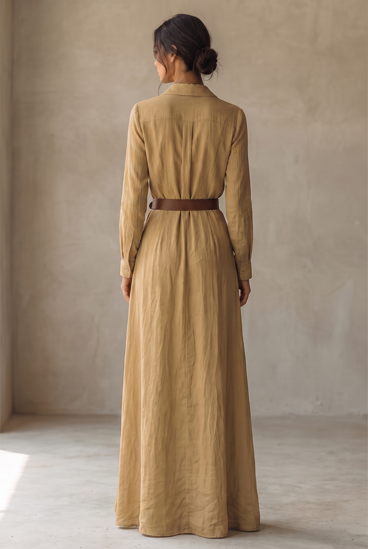 Damen-Maxikleid mit Reverskragen, einreihig, mit Gürtel und langen Ärmeln