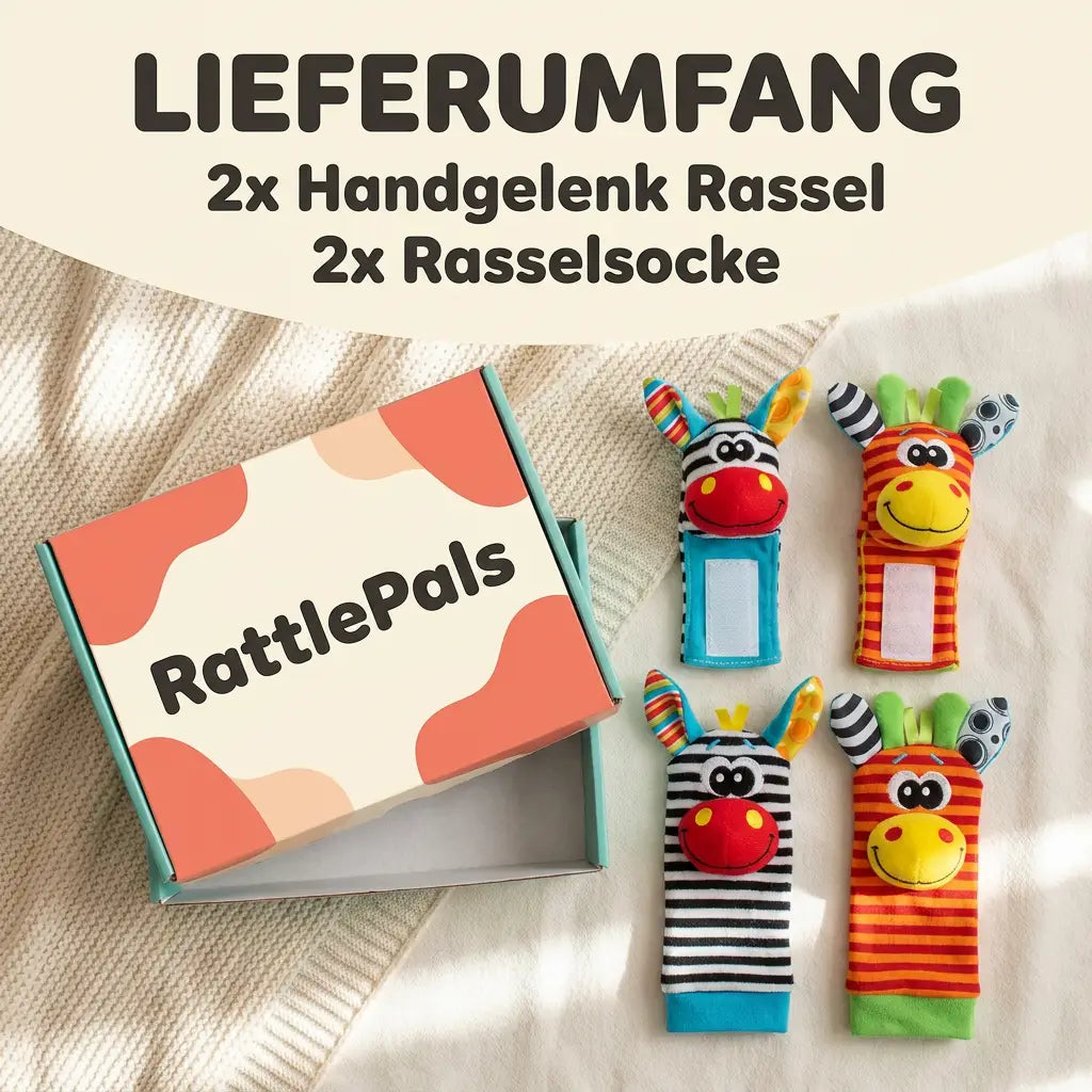 Baby-Hand- und Fußrassel-Socken-Set, 4 Stück, Baumwolle, 0–12 Monate