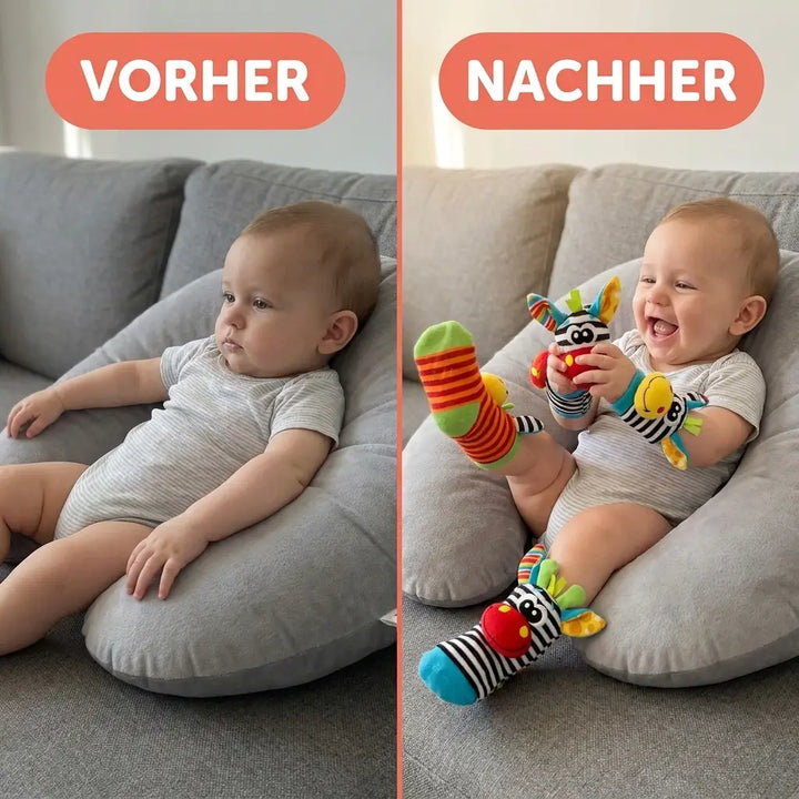 Baby-Hand- und Fußrassel-Socken-Set, 4 Stück, Baumwolle, 0–12 Monate