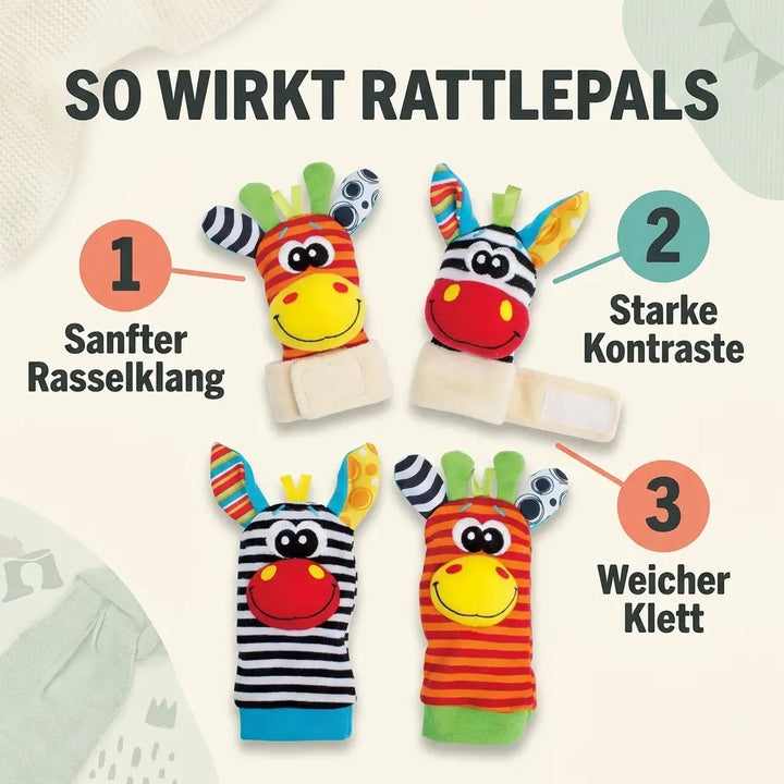 Baby-Hand- und Fußrassel-Socken-Set, 4 Stück, Baumwolle, 0–12 Monate
