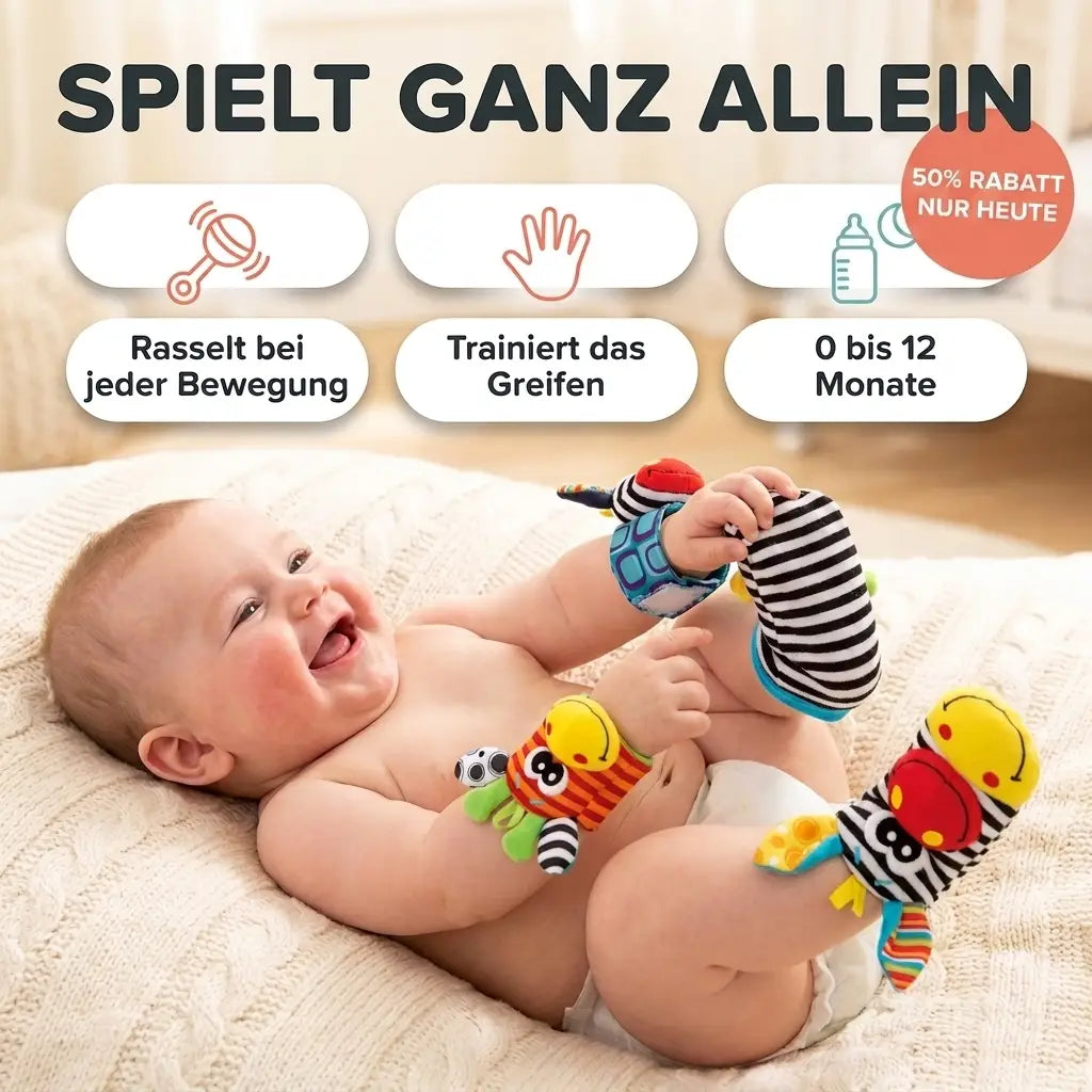 Baby-Hand- und Fußrassel-Socken-Set, 4 Stück, Baumwolle, 0–12 Monate