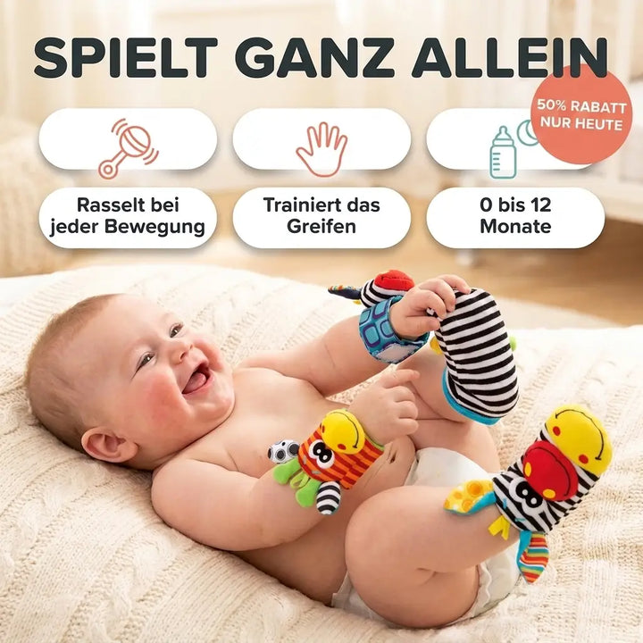 Baby-Hand- und Fußrassel-Socken-Set, 4 Stück, Baumwolle, 0–12 Monate