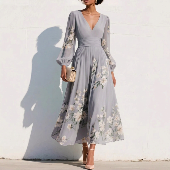 Damen Frühlings Chiffon Pleated Langarm Kleid