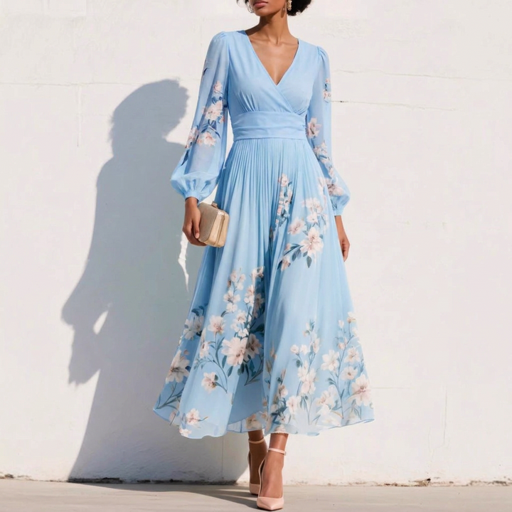 Damen Frühlings Chiffon Pleated Langarm Kleid