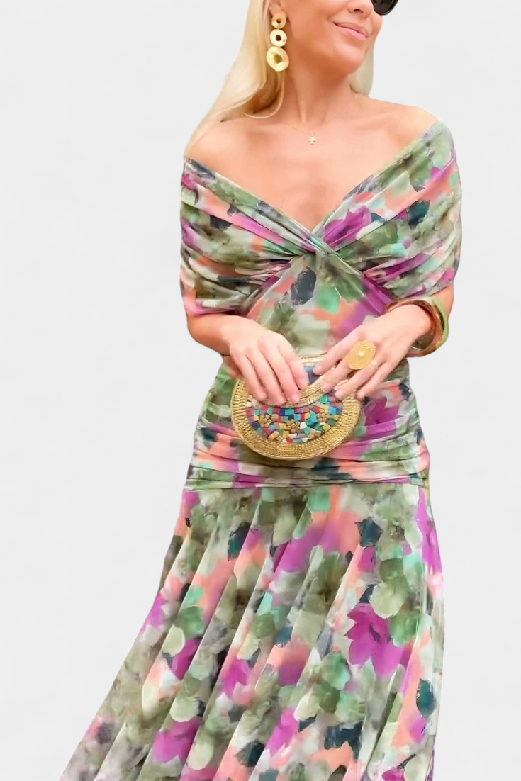 Langes, elegantes, fliessendes Damenkleid – V-Ausschnitt, raffiniertes Design