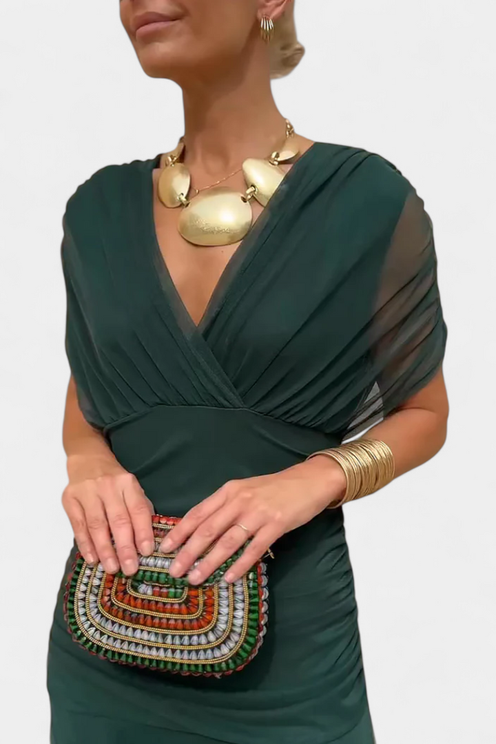 Langes, elegantes, fliessendes Damenkleid – V-Ausschnitt, raffiniertes Design