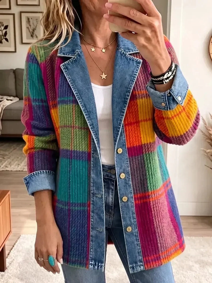 Patchwork-Karojacke im Vintage‑Stil mit Jeansbesatz