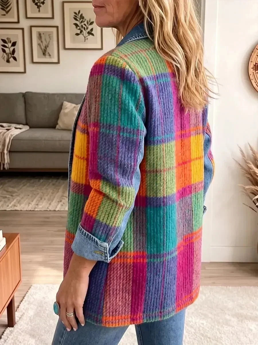 Patchwork-Karojacke im Vintage‑Stil mit Jeansbesatz