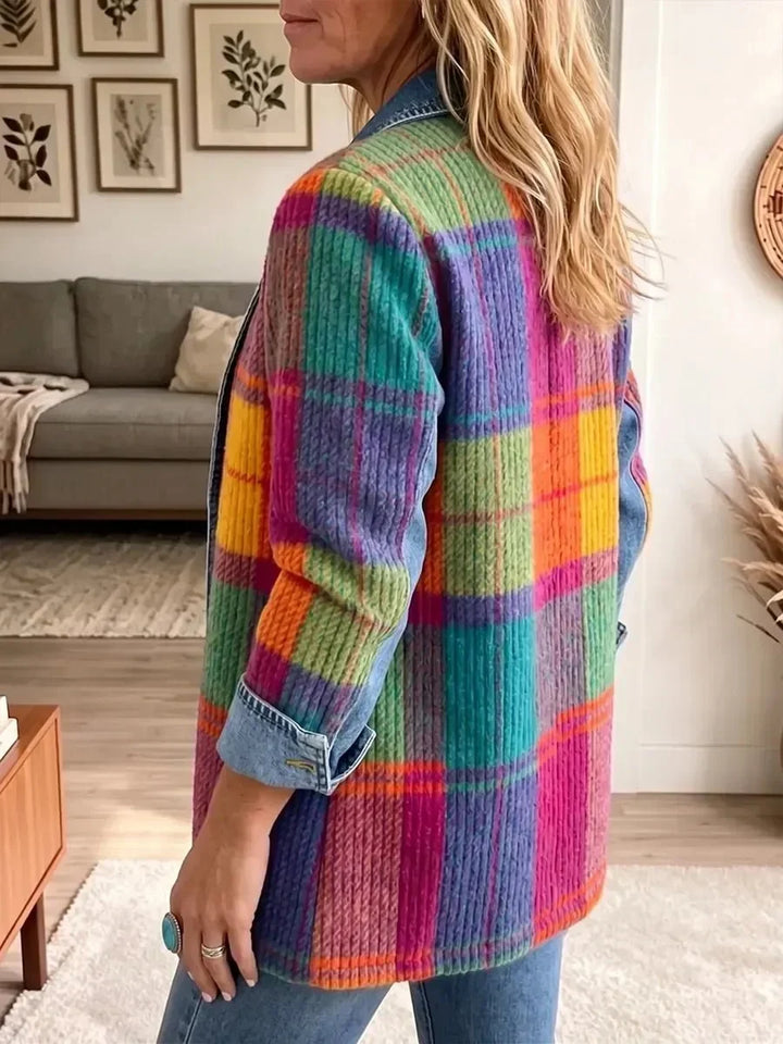 Patchwork-Karojacke im Vintage‑Stil mit Jeansbesatz