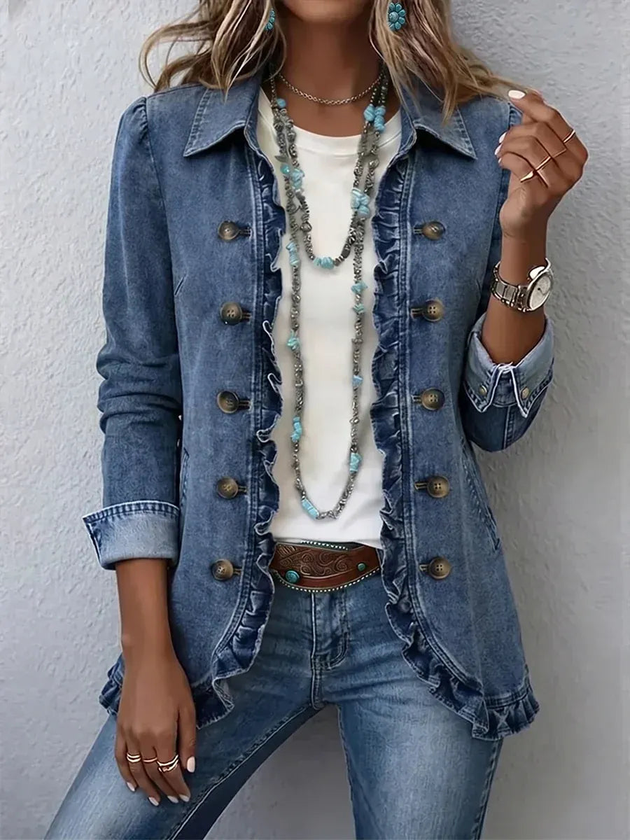Blumenbestickte Utility-Jacke – Vintage-Boho-Stil mit Rüschenbesatz