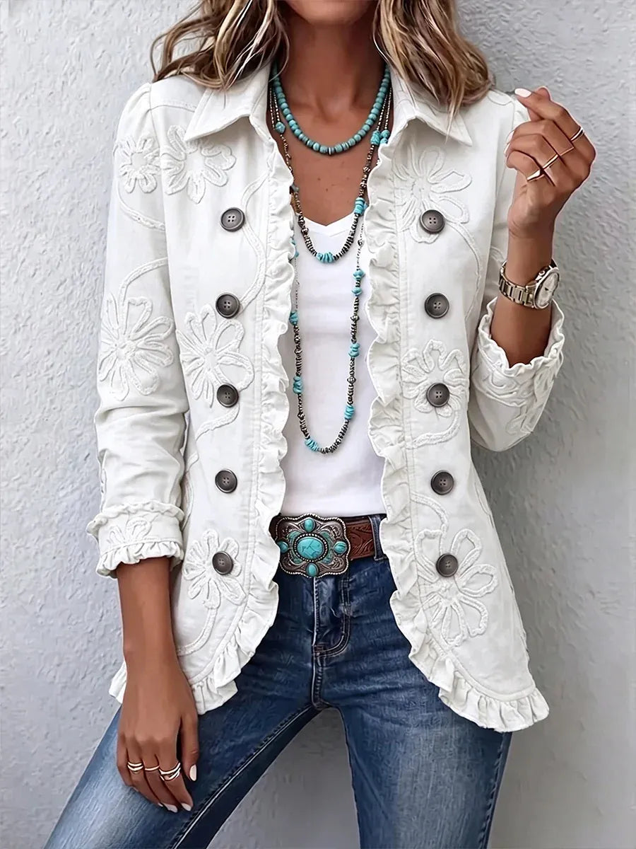 Blumenbestickte Utility-Jacke – Vintage-Boho-Stil mit Rüschenbesatz