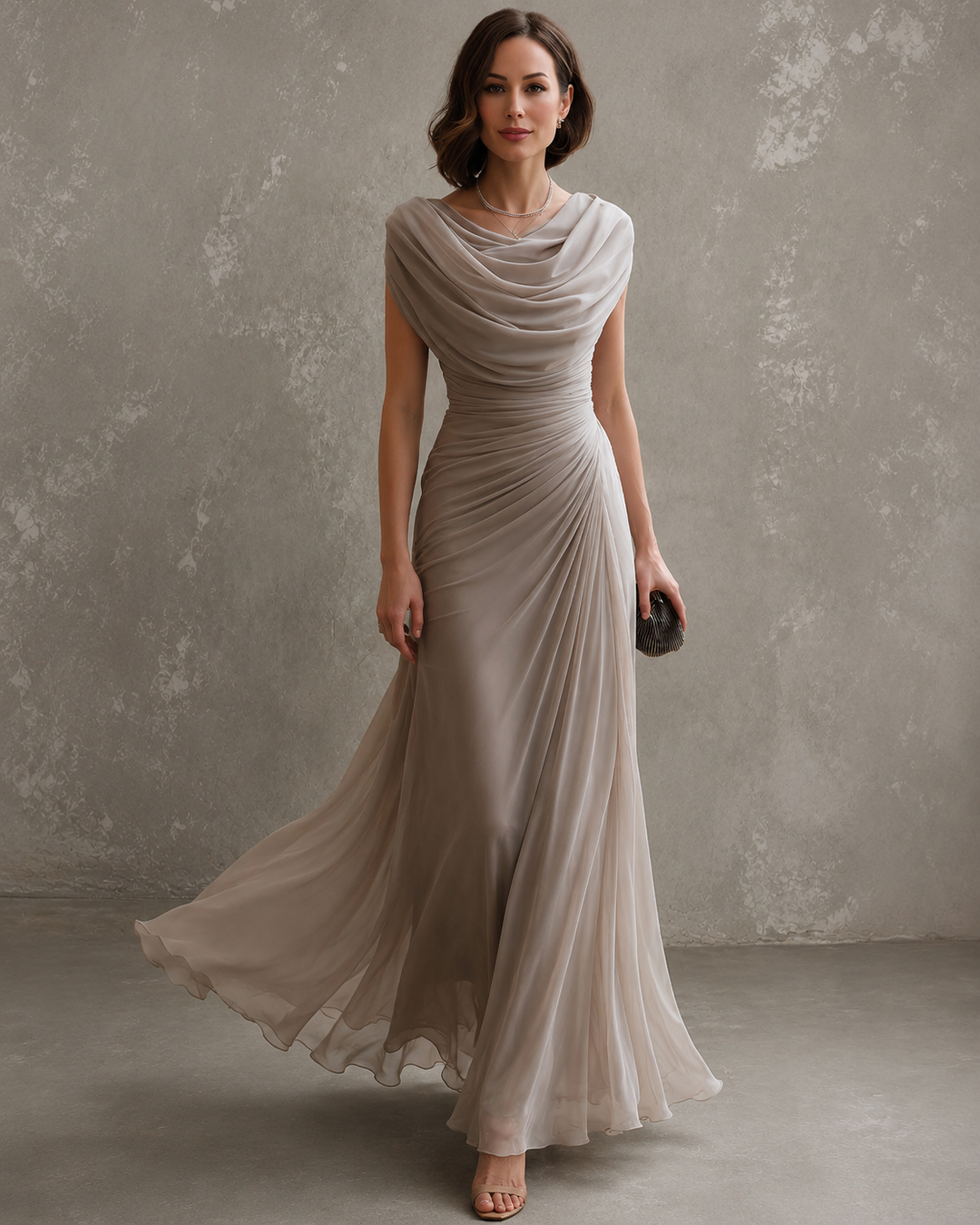Drapiertes ärmelloses Maxikleid mit schwingendem bodenlangem Rock