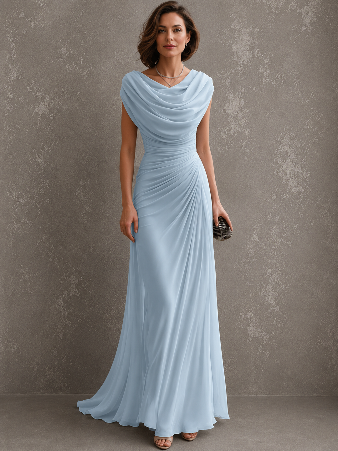Drapiertes ärmelloses Maxikleid mit schwingendem bodenlangem Rock
