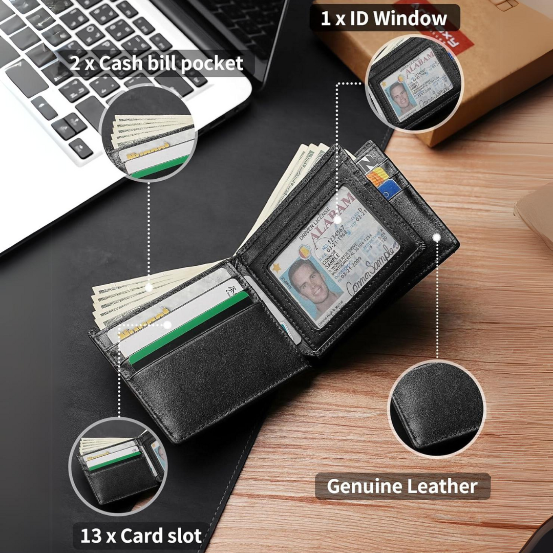 Herren-Bifold-Geldbörse aus echtem Leder mit RFID-Schutz