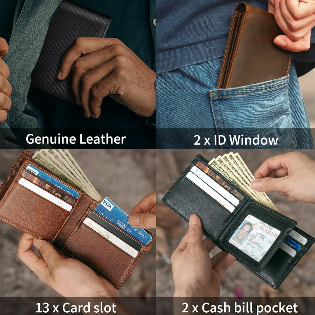 Herren-Bifold-Geldbörse aus echtem Leder mit RFID-Schutz