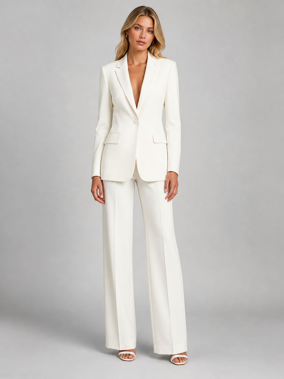 Zweiteiliger Damen-Hosenanzug mit Blazer und Hosen mit weitem Bein.