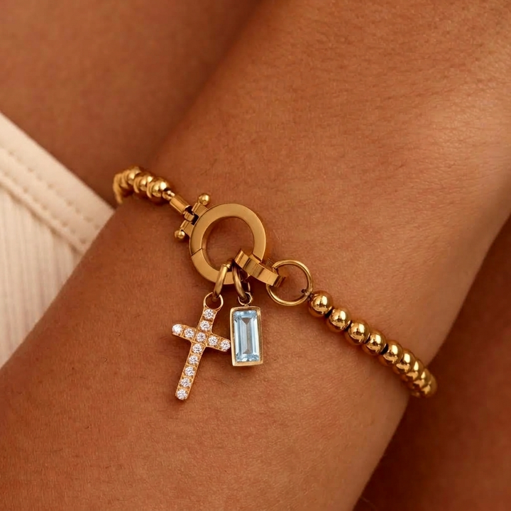 Nova-Perlen-Geburtssteinarmband mit Kreuzanhänger