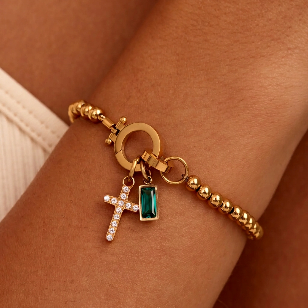 Nova-Perlen-Geburtssteinarmband mit Kreuzanhänger