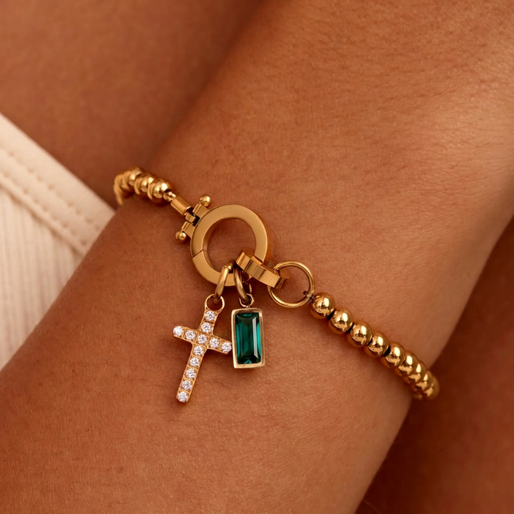 Nova-Perlen-Geburtssteinarmband mit Kreuzanhänger
