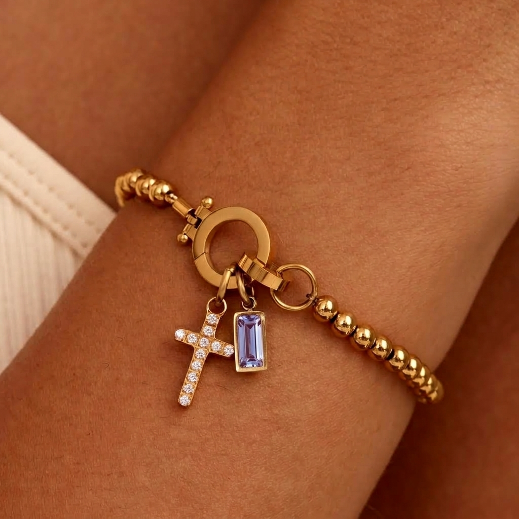 Nova-Perlen-Geburtssteinarmband mit Kreuzanhänger