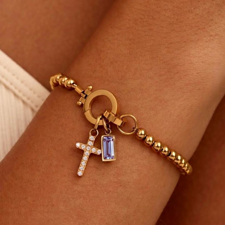 Nova-Perlen-Geburtssteinarmband mit Kreuzanhänger