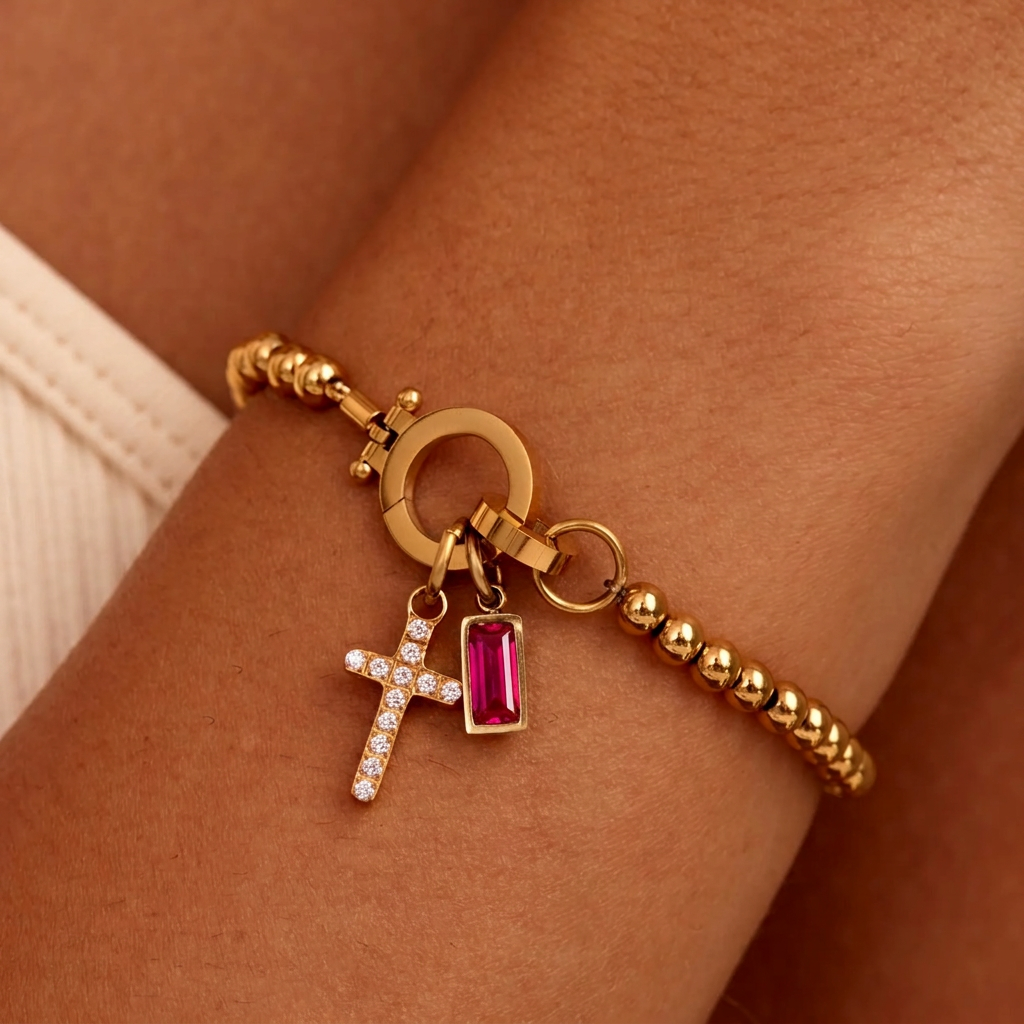 Nova-Perlen-Geburtssteinarmband mit Kreuzanhänger