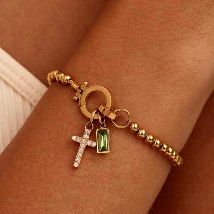 Nova-Perlen-Geburtssteinarmband mit Kreuzanhänger