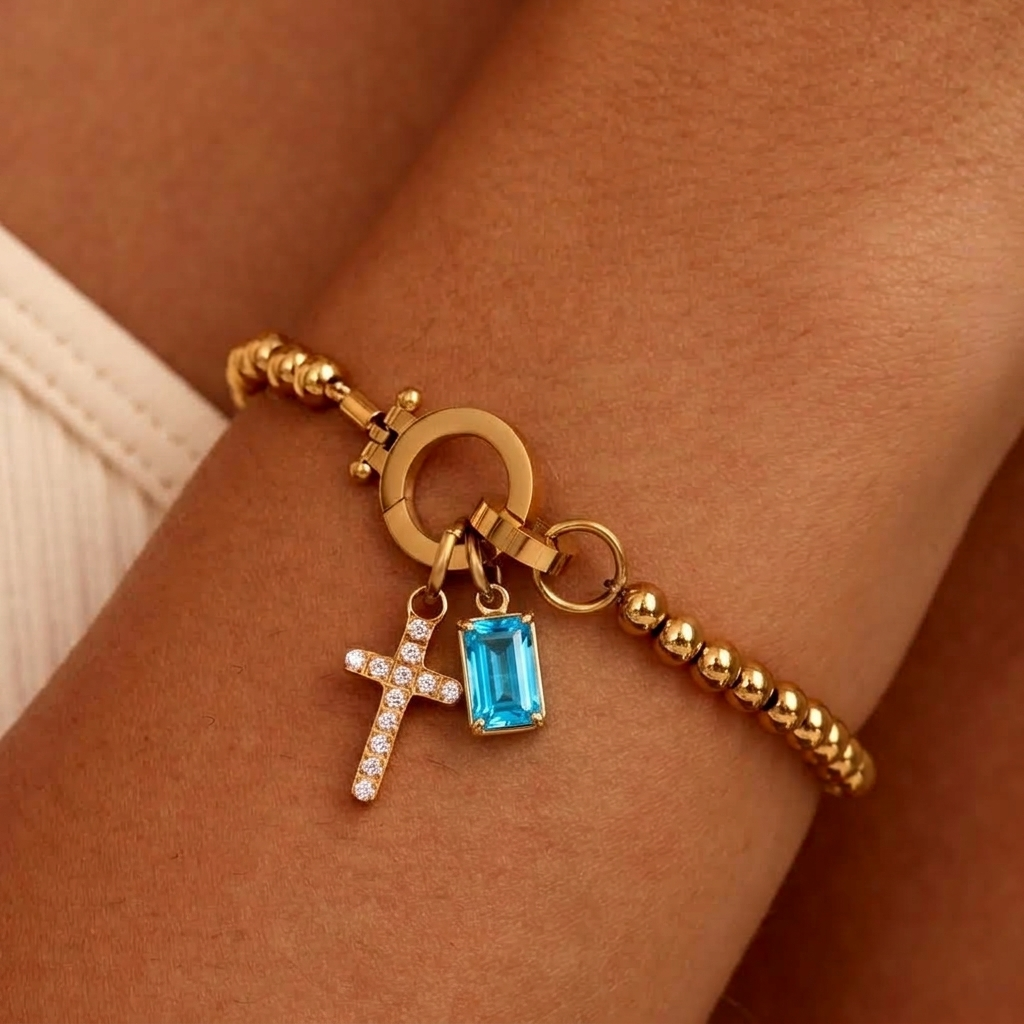 Nova-Perlen-Geburtssteinarmband mit Kreuzanhänger