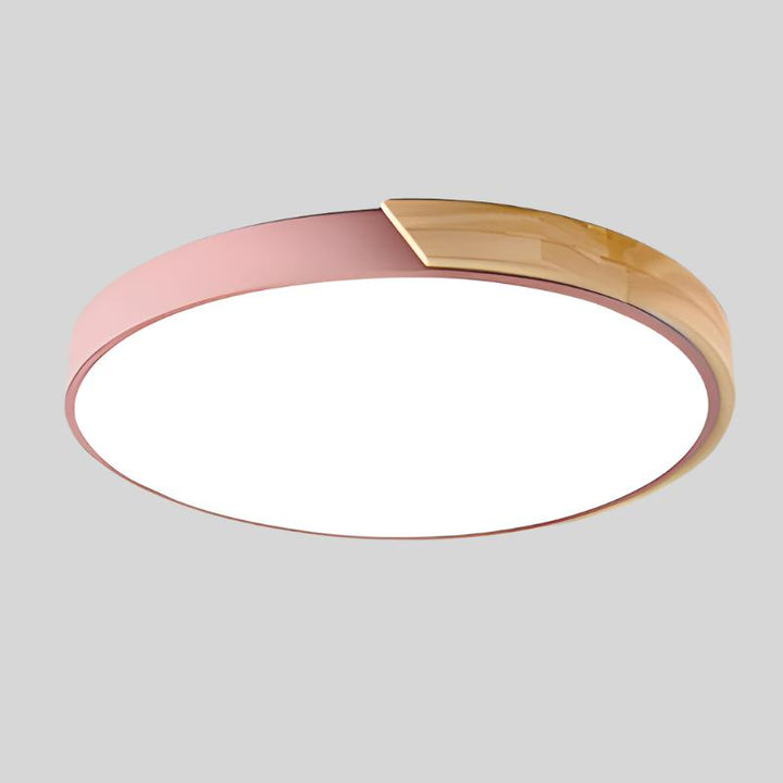 Skandinavische LED-Deckenleuchte in Macaron-Form mit Holzakzent für Wohnzimmer oder Schlafzimmer