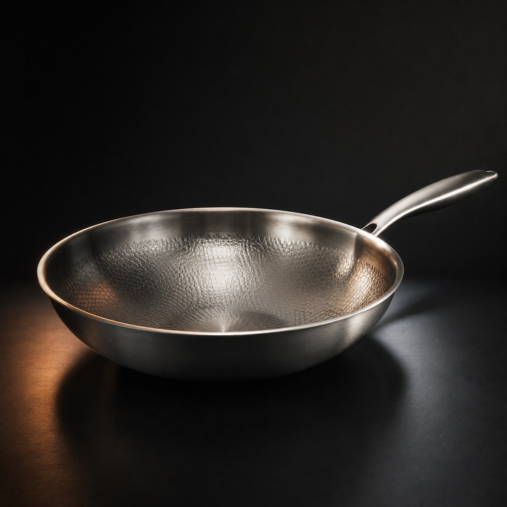 Gehämmerte Wokpfanne aus Titan mit flachem Boden