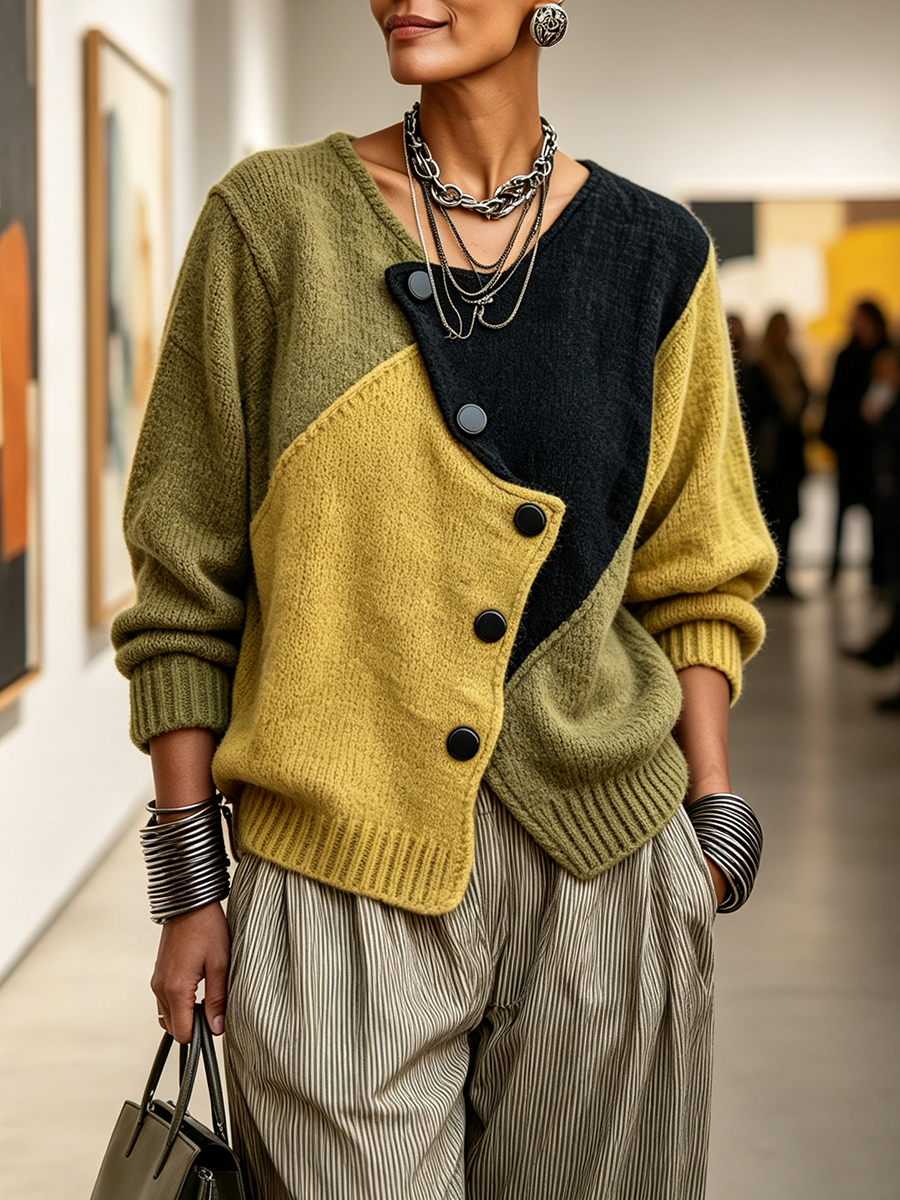 Damen-Strickpullover mit Farbblöcken und asymmetrischen Knöpfen, lässige Passform