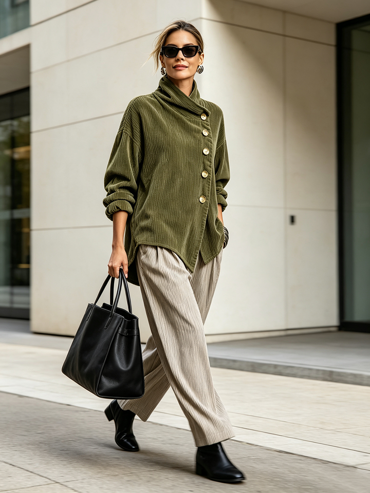 Damen-Cord-Sweatshirt mit asymmetrischer Knopfleiste und drapiertem Schalkragen