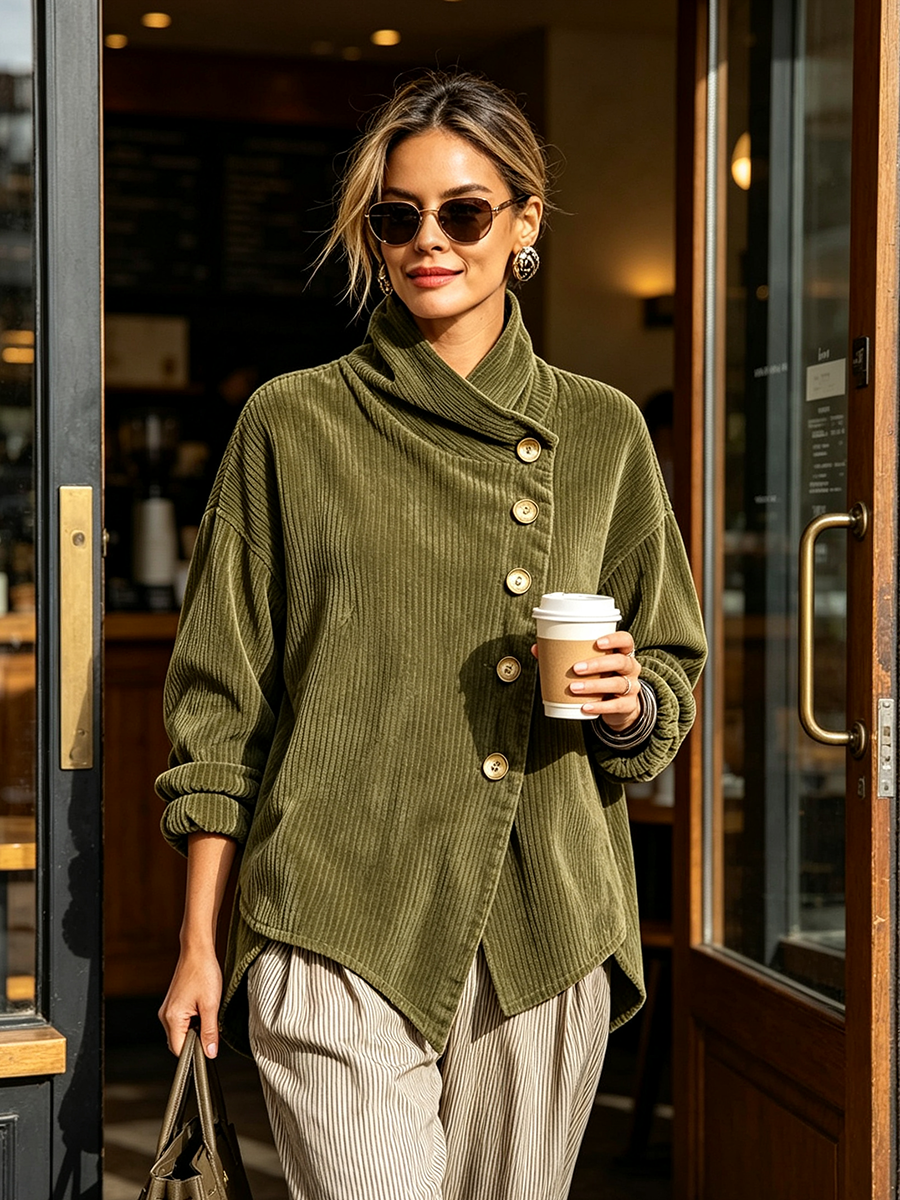 Damen-Cord-Sweatshirt mit asymmetrischer Knopfleiste und drapiertem Schalkragen